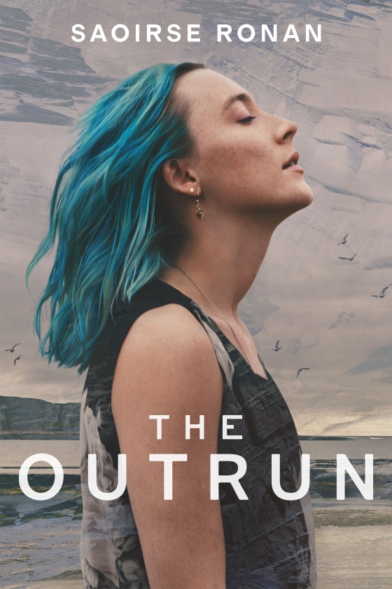 The Outrun Blue haired woman standing in profile with a Scottish coast in the background.